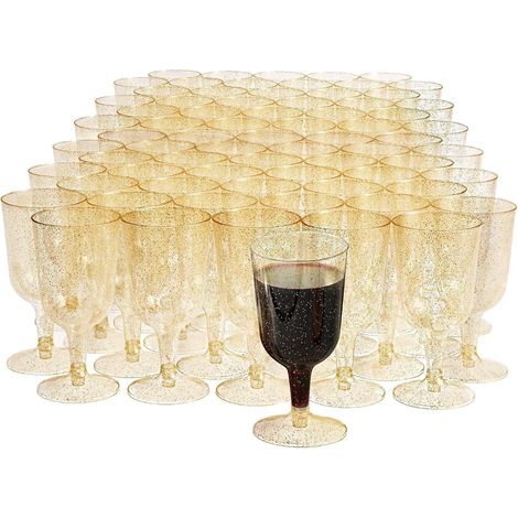 100 copas de vino de plástico con purpurina dorada, 170 ml - Resistentes y reutilizables - Copas para cócteles y postres - Perfectas para fiestas, cumpleaños, bodas y Navidad (1/5)