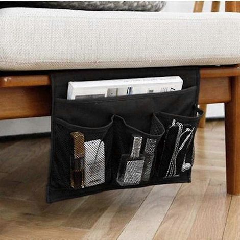 Organiseur de table de chevet à 4 compartiments, sac de rangement suspendu pour canapé-lit, pochette pour livre, téléphone, lunettes et télécommande (noir) (1/5)