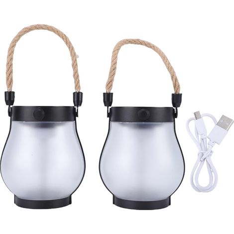 Set mit 2 Solar-Gartenlaternen mit flackernder Flamme, USB-aufladbar, wasserdicht, mit Hanfseil für Garten und Terrasse (1/5)