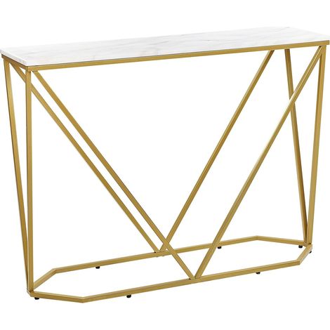 Table de Couloir Murale Console Effet Marbre Blanc en Métal Doré et MDF Plaqué Hazen