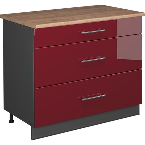 Meuble cuisine Fame-Line, Rouge bordeaux Haute brillance/Anthracite, 100cm, PT Chêne, Vicco (1/5)