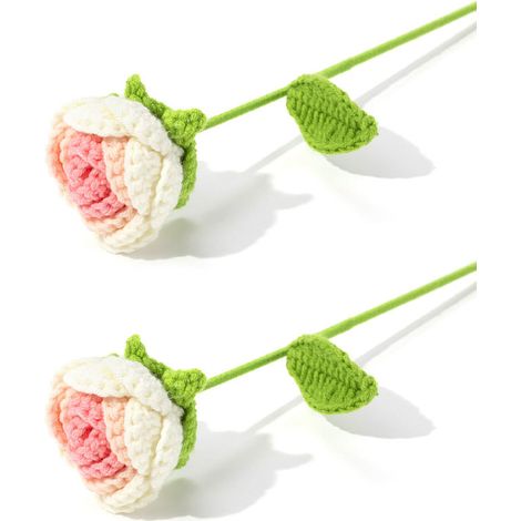 2 Bouquets de Roses Tressées Main, Fleurs Roses au Crochet, Bouquet Artificiel Fait Main, Décor de Mariage pour Anniversaires Célébrations Cadeau d'Anniversaire, Rose Dégradé (1/3)