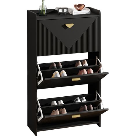 Meuble à chaussures avec 3 abattants et 6 compartiments, cloisons réglables, pour entrée, en MDF, noir, 70×30×120 cm (1/5)