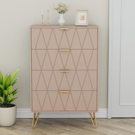 UEV Cassettiera 4 Cassetti con Moderno Motivo a Linea, Comò Camera da Letto in Legno, Maniglie e Gambe Dorate, Mobile per Soggiorno, 34x60x91cm, Beige Mocca