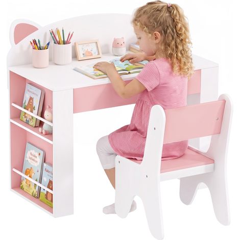 Ensemble table et chaise pour enfant - AIYAPLAY - avec bibliothèque et tiroir - bois - 80 x 41,2 x 74,5 cm - blanc et rose