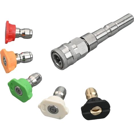 Adaptateur de nettoyeur haute pression, 6,35 mm en acier inoxydable à connexion rapide avec kit de 5 buses pour nettoyeurs haute pression, rallonge de lance Spary Wand Coupler, adaptateur de (1/5)