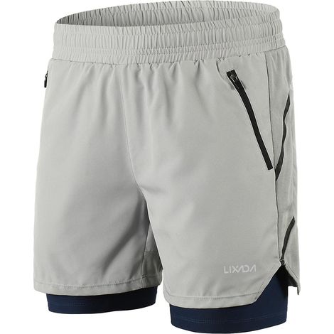 Lixada Herren 2-in-1 Laufshorts, schnelltrocknend, atmungsaktiv, für aktives Training, Joggen und Marathon – Grau