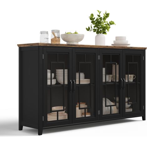 Buffet de cuisine 160x40x86 cm, meuble de rangement avec portes vitrées, grand compartiment, plan de travail aspect bois, MDF,Noir (1/5)