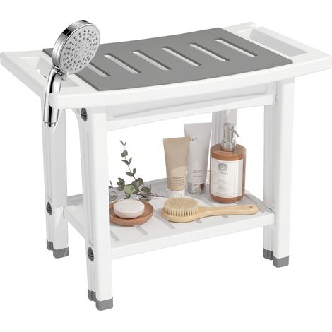 HOMCOM 2-Tier Shower Bench with Shelf 4 Legs White and Grey (1/5)