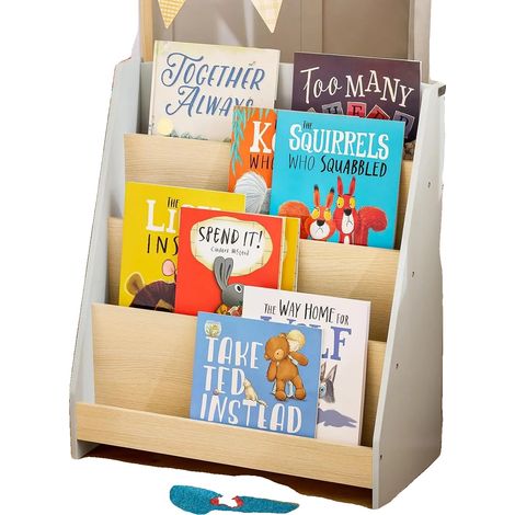 Bibliothèque pour enfants, matériau MDF P2, 4 compartiments ouverts, 61cm x 30cm x 71cm, capacité de charge 3kg par niveau, coins arrondis pour la sécurité (1/5)
