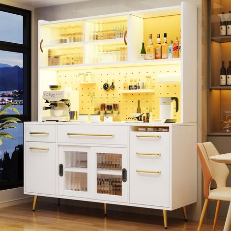 DESMIU Buffet Haut de Cuisine 2 tiroirs, porte coulissante, LED et pegboard, pour cuisine et salon, blanc, 145 × 39 × 171 cm (1/5)