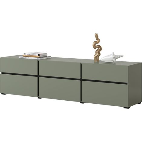 Meublorama – Meuble TV vert sauge 180 cm – 3 portes abattantes – 3 tiroirs – Panneaux de particules et MDF – Ouverture sans poignée