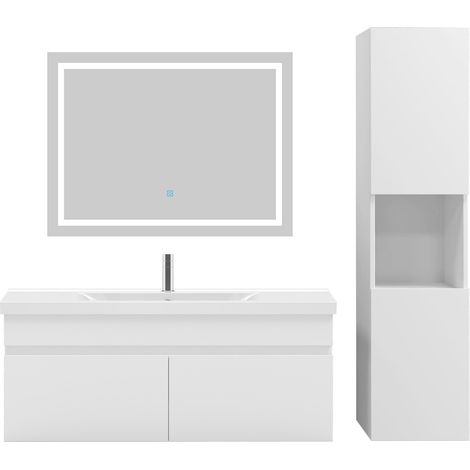 Acezanble – Ensemble meubles salle de bain 100cm – Simple vasque avec lumière LED – Colonne et miroir anti-buée – MDF renforcé