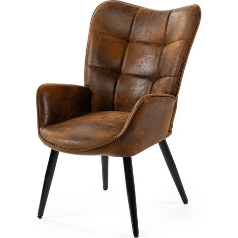Meuble Cosy Fauteuil de Salon Chambre Scandinave Chaise Coiffeuse avec Accoudoirs et Assise Épais Pied Métal Rembourré en Suédine Marron (1/5)