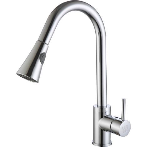Mitigeur évier extractible chromé - Bec rétractable avec bouton de contrôle de pression, cartouche céramique 40mm, corps en laiton, livré avec kit de fixation et flexibles de 40 cm. (1/3)