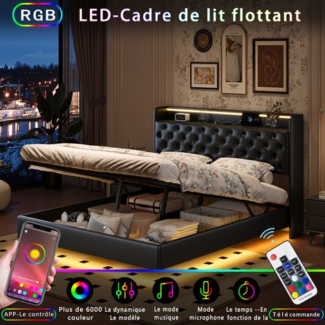 HYTKKBD – Lit Coffre 160x200 cm avec LED et USB,Cadre de Lit Flottant,Tête de lit Rembourrée avec Rangement,Lit Hydraulique,Lit Adult,Lit Double Capitonné,PU,Noir (1/5)