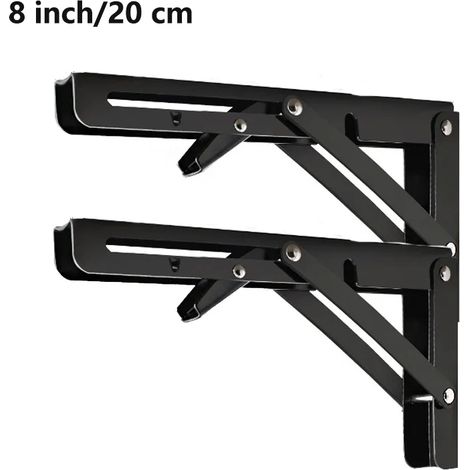 (Noir 20 cm - 2 pièces) 2 supports d'étagère pliables robustes en acier, fixation murale, pour établi, étagères de table, équerre de support - quincaillerie pour la maison (1/5)