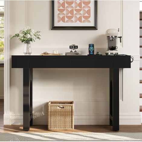 Console 120x35.5x76.5 cm noire en MDF avec tiroirs et prise intégrée
