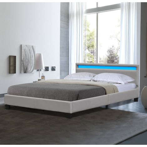 Letto 140x190 Solido e Confortevole - Rete con Testiera, Illuminazione LED - Piedini da 10 cm per materasso - 13 Doghe - Rivestimento in PVC Similpelle Facile da Pulire - Montaggio Veloce - LETTO ANGE (1/5)