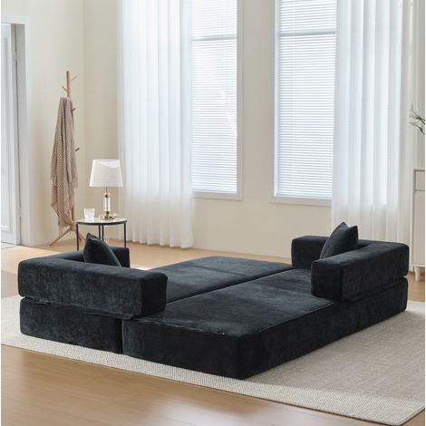 Divano modulare in ciniglia nero 198 x 79 x 60 cm, tasche laterali e base antiscivolo (1/5)
