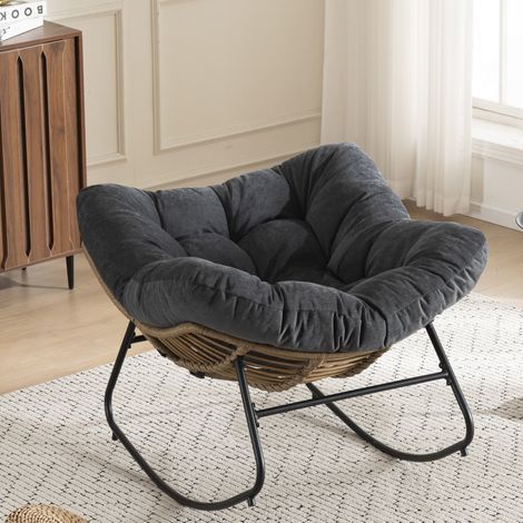 Poltrona a dondolo in Chenille, struttura in metallo, nera, portata fino a 158 kg (1/5)
