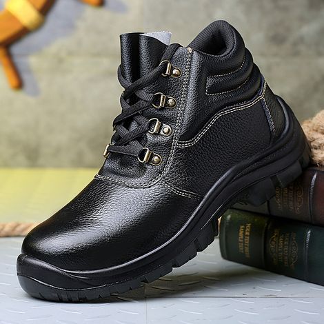Zapatos de seguridad AIDUCHO para hombre, botas de seguridad de cuero, botas de trabajo antideslizantes, puntera de acero, suela resistente a perforaciones, talla 43 (1/5)