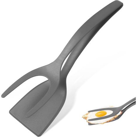 Spatule à omelette 2 en 1 - Spatule silicone antiadhésive avec pince - Outil cuisine multifonction - Pour œufs et légumes - 8,5x30 cm-Gris (1/5)