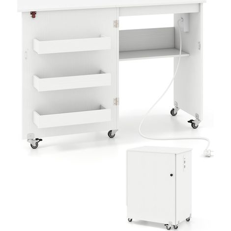 Scrivania pieghevole con stazione di ricarica, tavolo da cucito pieghevole con ripiano e cassetti, mobiletto con ruote e serratura, 116 x 41 x 78 cm, bianco (1/5)
