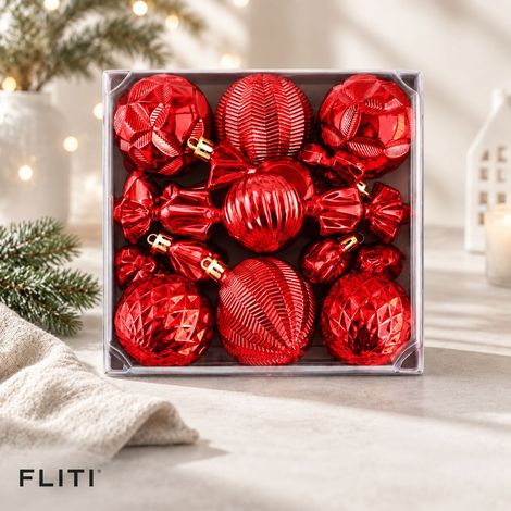 FLITI Set of 18 Red Christmas Baubles, Assorted Shapes, in Gift Box, Christmas Tree Decoration (1/5)
