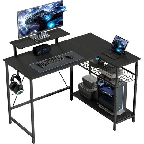Bureau gaming réversible, bureau gaming d\'angle, support pour écran, étagère en maille réglable, 114,5x82x91,5cm, noir (1/5)