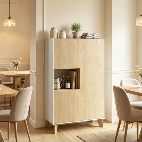 Aparador moderno con compartimentos abiertos y cerrados 80 x 40 x 135 cm blanco y roble claro (1/5)