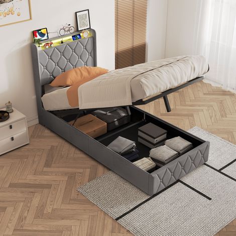 Letto contenitore 90x200 cm con rete - Letto singolo 90x200 cm con testiera con vano portaoggetti, illuminazione a LED e porte USB - in velluto grigio (1/5)