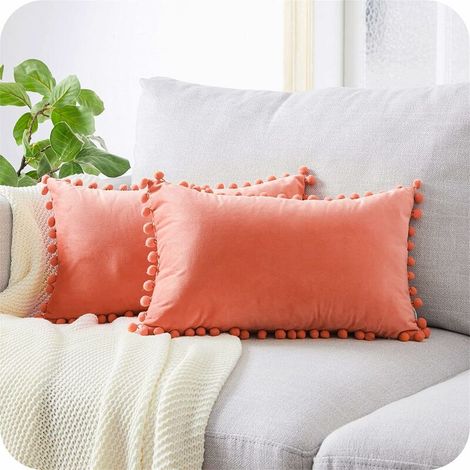 Funda de cojín de 30x50 cm, rosa coral, decoración escandinava para el hogar, juego de 2, protectores de almohada rectangulares de terciopelo suave de doble cara en color liso para soporte lumbar, sil (1/5)