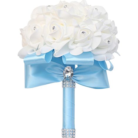 Tenant des fleurs artificielles Rose Bouquet de mariage avec ruban de satin de soie Champagne demoiselle d'honneur fête nuptiale-bleu ciel (1/4)