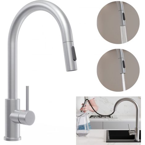PRIMAGRAN Robinet de cuisine 9010, Robinet d'évier rotation 360°, Robinet haute pression, avec deux types de jet, avec bec rétractable, Inox (1/4)