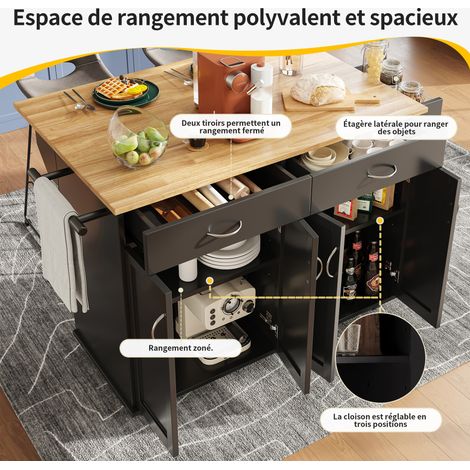 Îlot de cuisine moderne : dimensions 106×50×90,5 cm. Meuble de cuisine, meuble à tiroirs, armoire à viande avec motif en bois. Table à manger multifonctionnelle, avec espace de stockage intégré. Coule (1/5)