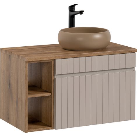 Waschtisch Set 81 cm Aufsatzwaschbecken Keramik IRAKLIO-56-CASHMERE Eiche Nb. Beige B/H/T ca. 80,4/60,5/46 cm (1/5)