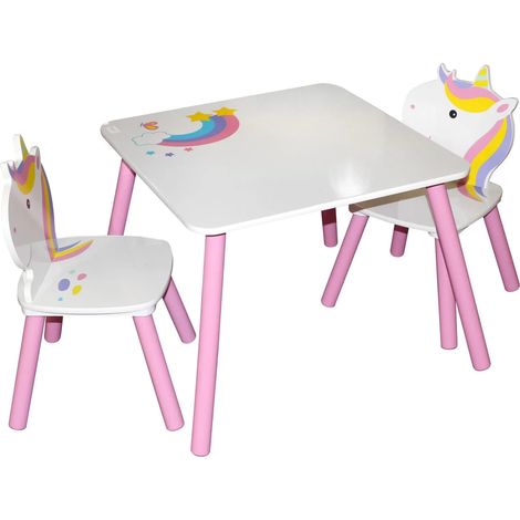 Ensemble table et 2 chaises JUDY WILD - Licorne - Table: 55 x 55 x H 42 cm, chaises: 28 x 28 x H 27/54cm - Blanc et rose - Livraison gratuite (1/5)