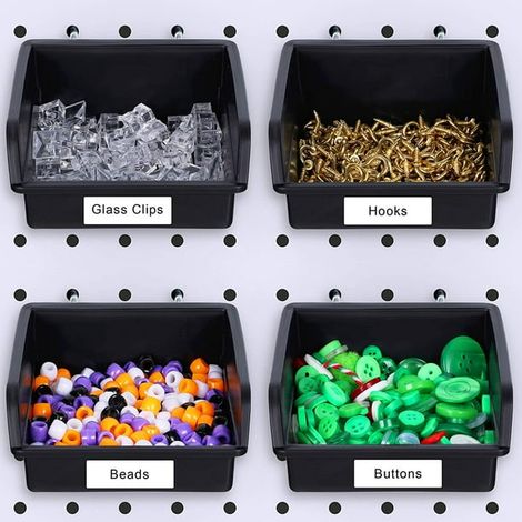 Lot de 4 grands bacs à picots pour panneau perforé, accessoires de rangement d'atelier, compatible tout panneau, idéal pour organiser quincaillerie, attaches, pièces détachées, fournitures de bricolag (1/5)