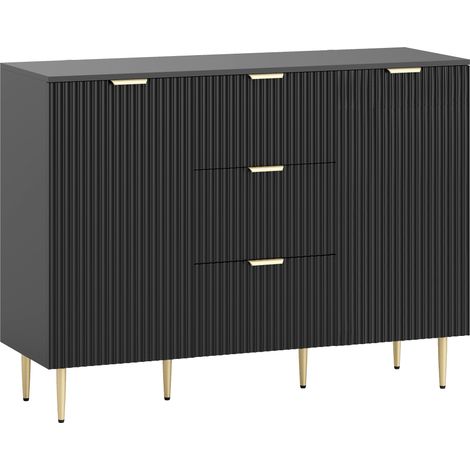 Buffet de cuisine rangement noir 120x40x90 cm, 3 tiroirs, étagères ajustables, armoires à portes striées (1/5)