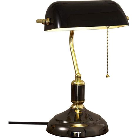 Rétro Lampe de table Lampe traditionnelle de banquier Lampe de bureau de lecture Lampe de chevet avec interrupteur à tirette Abat-jour en verre noir Lampe de bureau de banquier pour étude Chambre à co