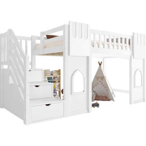 Lit mezzanine 90x200 cm avec escalier de rangement, fenêtres décoratives, cadre bois blanc, pour chambre d'enfant, sécurité renforcée et gain de place – CHICFURN (1/5)