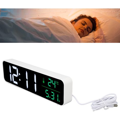Grande horloge numérique LED avec affichage de la date et de la température, réveil musical à brancher, convient pour le salon et le bureau, fixation murale, rétroéclairée, blanche. (1/5)