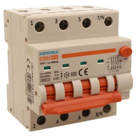 RCBO Interruttore Magnetotermico Differenziale Con Doppia Leva Tipo A Curva B 4P 4M 6000A 300mA, Diagnostica Visiva, B20A  AC 400V IP20 IEC61009-1 PL8M4 4P