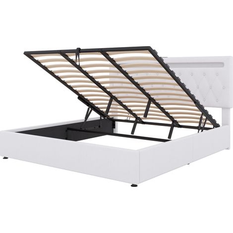Cama con canapé blanco de 180 x 200 cm con iluminación ambiental, puertos de carga USB y tipo C, estructura de cama doble, adecuada para jóvenes y adultos (colchón no incluido). (1/5)