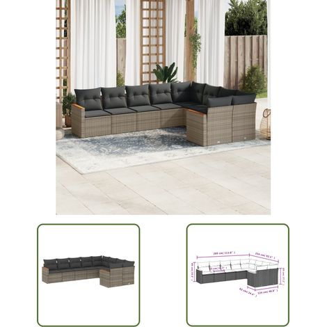The Living Store 9-tlg. Garten-Sofagarnitur mit Kissen Grau Poly Rattan - Gartenmöbel - Rattan Möbel - Outdoor Sofa - Lounge Set - Esszimmergarnitur (1/3)