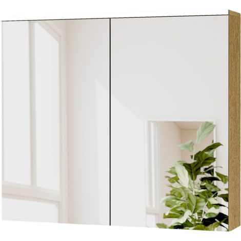 BERNSTEIN - Mueble de baño de pared Roble miel 80x18x70cm (LxAnxAl) 2 puertas con espejo, iluminación LED, estantes de cristal - SOLO Roble miel oro