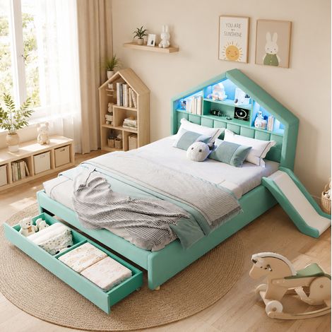 Lit cabane enfant 140x200 cm en velours bleu-vert, avec rangement pour chambre FloraGrace (1/5)