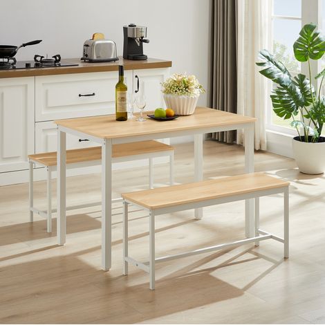 MEUBLIV Ensemble table à manger 110 x 60 cm naturel et blanc – 2 bancs, gain de place (1/5)
