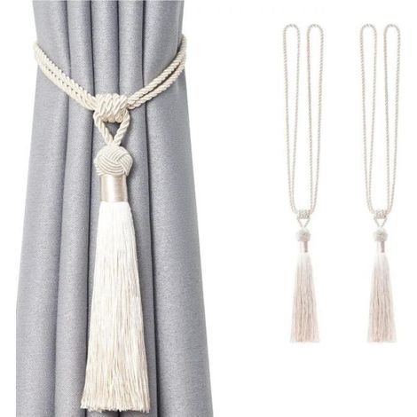 Lot de 2 embrasses de rideaux longues à pompons faites à la main en corde tressée avec nœuds de style européen pour décoration de fenêtre de maison et de bureau (beige)